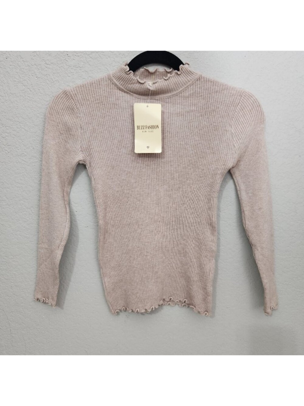 Buzz Fashion Top Ribbed Knit Long-Sleeve Ruffled Mock Neckline Beige S M New